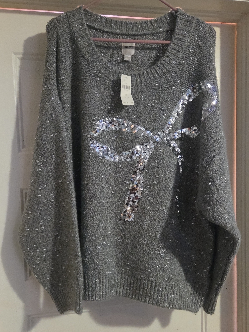 (sequined bow) Women's Gray Sequin Accent Sweater